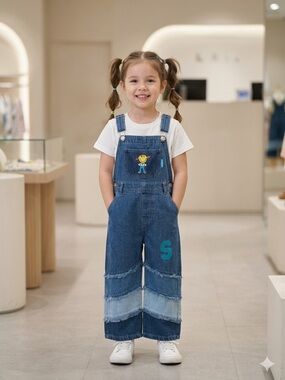 Kids Denim Overalls with Patch Pocket and 'S' Accent - Blue